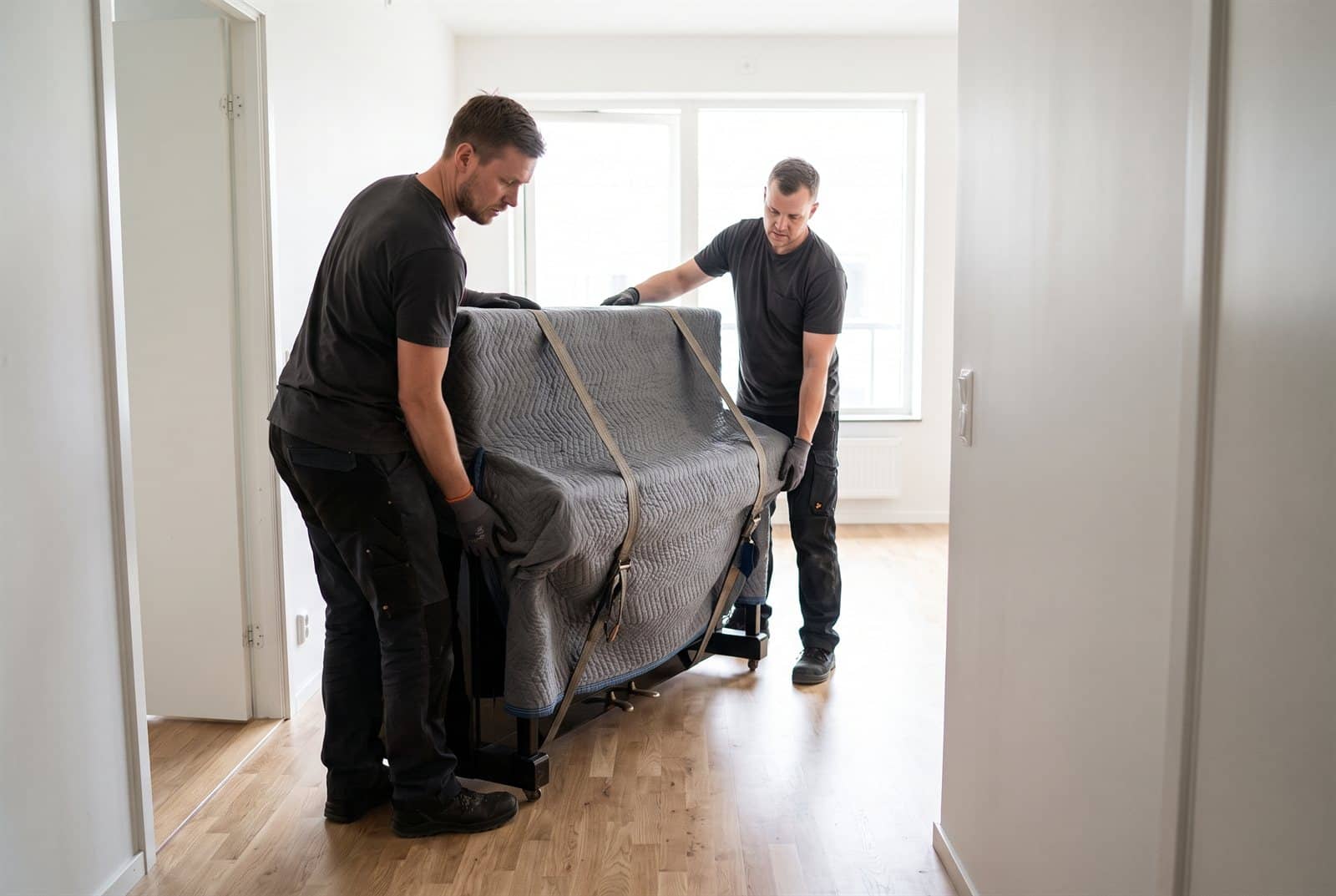 Pianoflytt Göteborg – ett inslaget piano bärs med lyftremmar vid tunga lyft